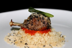 Lamb Chop Pan Grilled with tomato concase and buttered Couscous